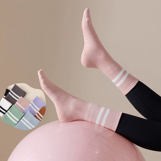 3 Pairs Mid-Tube Women Yoga Socks Cotton Professional Non-Slip Silicone Fitness Socks Floor Socks Dance Pilates Sports Socks