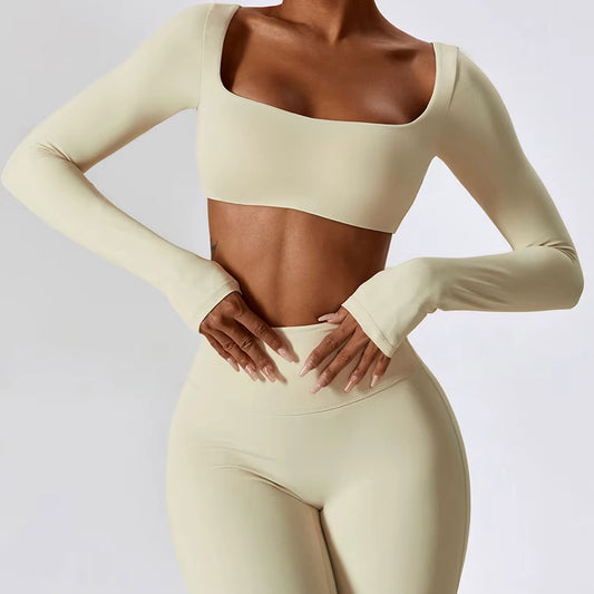 Women Crop Tops Yoga T-Shirts Solid Sports Top Long Sleeve Running Shirts Sexy Exposed Navel Quick Dry Fitness Gym Sport Wear