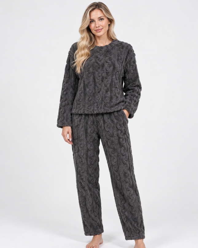 Cozy Cable Lounge Set – Varmt mjukisset i teddyfleece Grå