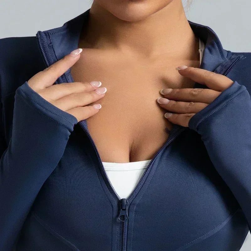 Summer Women Solid Long Sleeved Sports Jacket Fashionable Zipper Breathable Quick Drying Top Running Exercise Fitness Suit