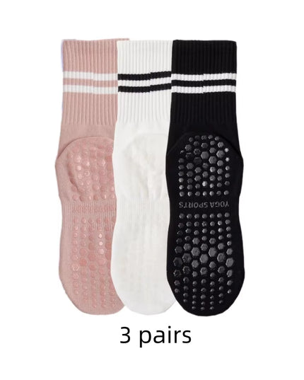 3 Pairs Mid-Tube Women Yoga Socks Cotton Professional Non-Slip Silicone Fitness Socks Floor Socks Dance Pilates Sports Socks
