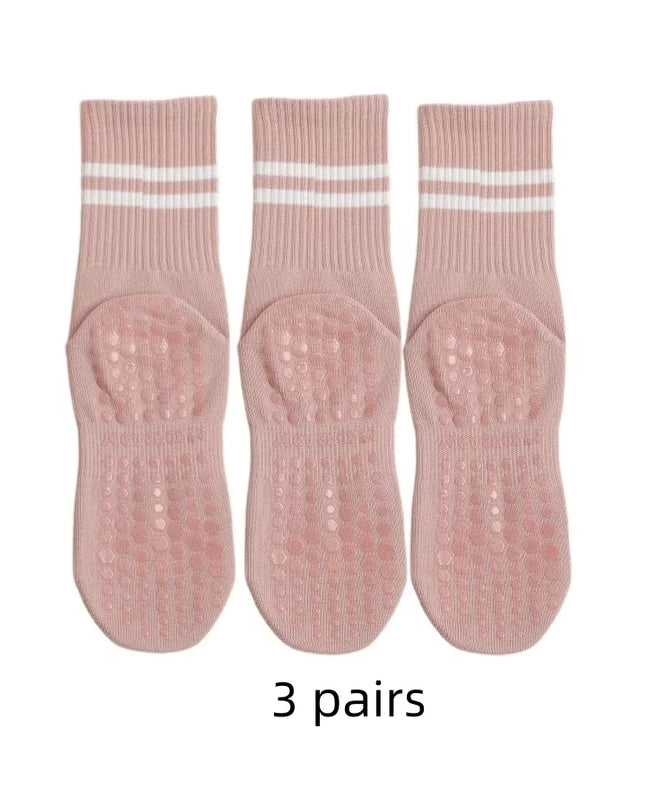 3 Pairs Mid-Tube Women Yoga Socks Cotton Professional Non-Slip Silicone Fitness Socks Floor Socks Dance Pilates Sports Socks