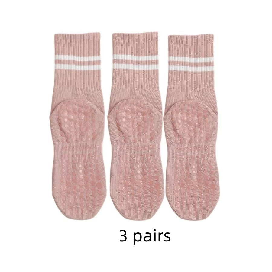 3 Pairs Mid-Tube Women Yoga Socks Cotton Professional Non-Slip Silicone Fitness Socks Floor Socks Dance Pilates Sports Socks